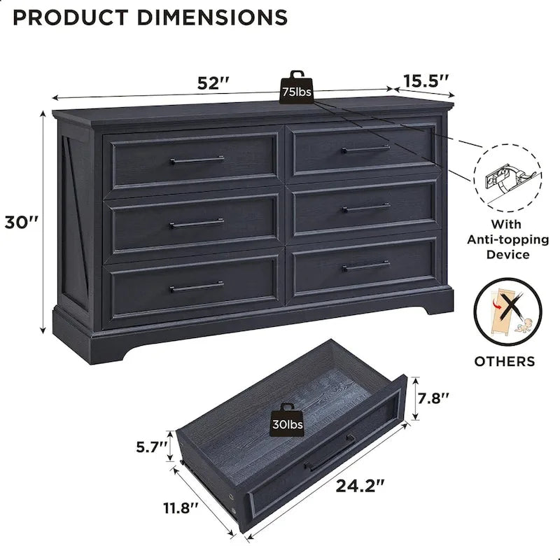 Farmhouse 6 Drawer Dresser for Bedroom, Chest of Drawers, TV Stand