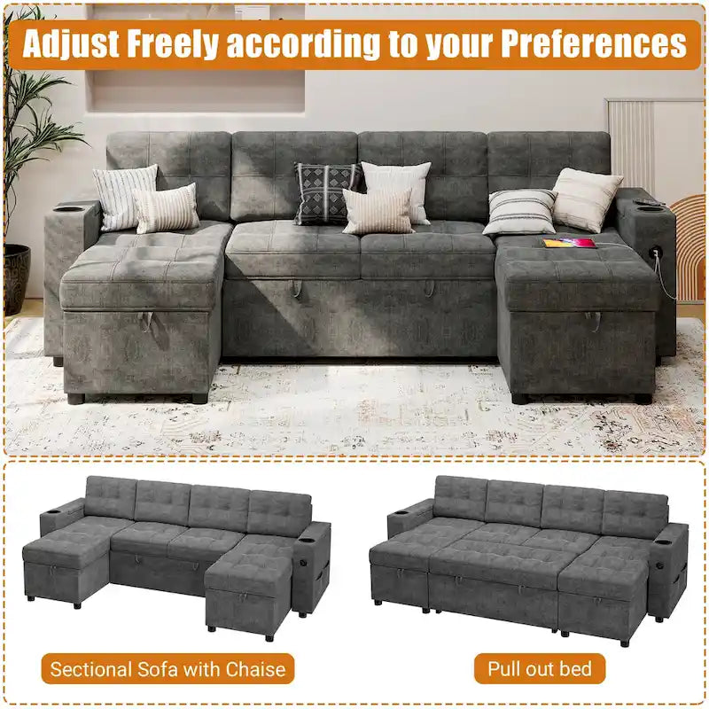 U-Shaped Sectional Sofa with Double Chaise,2 in 1 Pull Out Couch Bed,U-Shaped Sofa Couch Bed,Sleeper Sofa with Pull Out Bed