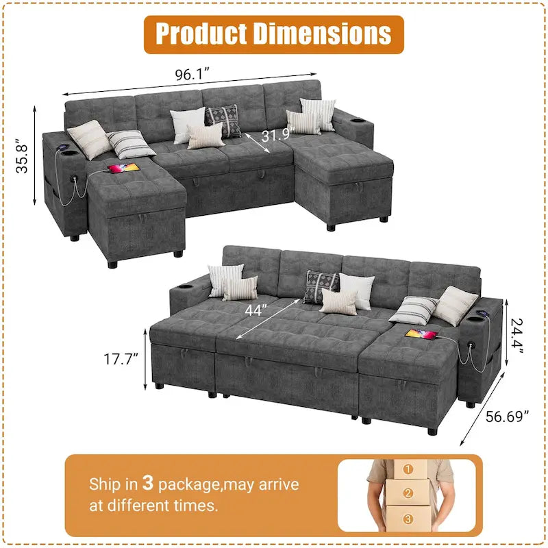 U-Shaped Sectional Sofa with Double Chaise,2 in 1 Pull Out Couch Bed,U-Shaped Sofa Couch Bed,Sleeper Sofa with Pull Out Bed