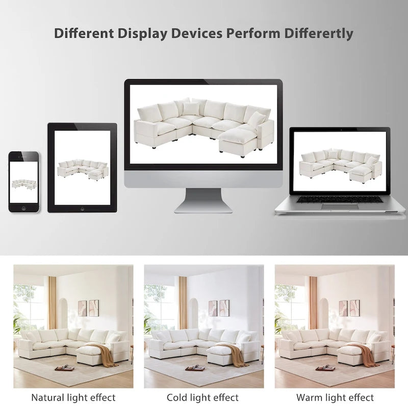 U Shape Modular Sofa, 7 Seat Chenille Sectional Upholstered Couch Set