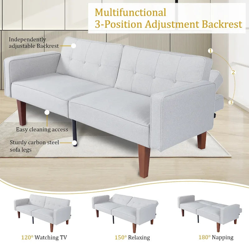 68 in. Twin Size Convertible Sofa Bed Couch w/ Tufted Adjustable Backrest, 5 Colors Optional - 22.44  D x 68.11  W x 28.74  H
