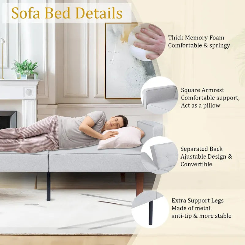 68 in. Twin Size Convertible Sofa Bed Couch w/ Tufted Adjustable Backrest, 5 Colors Optional - 22.44  D x 68.11  W x 28.74  H