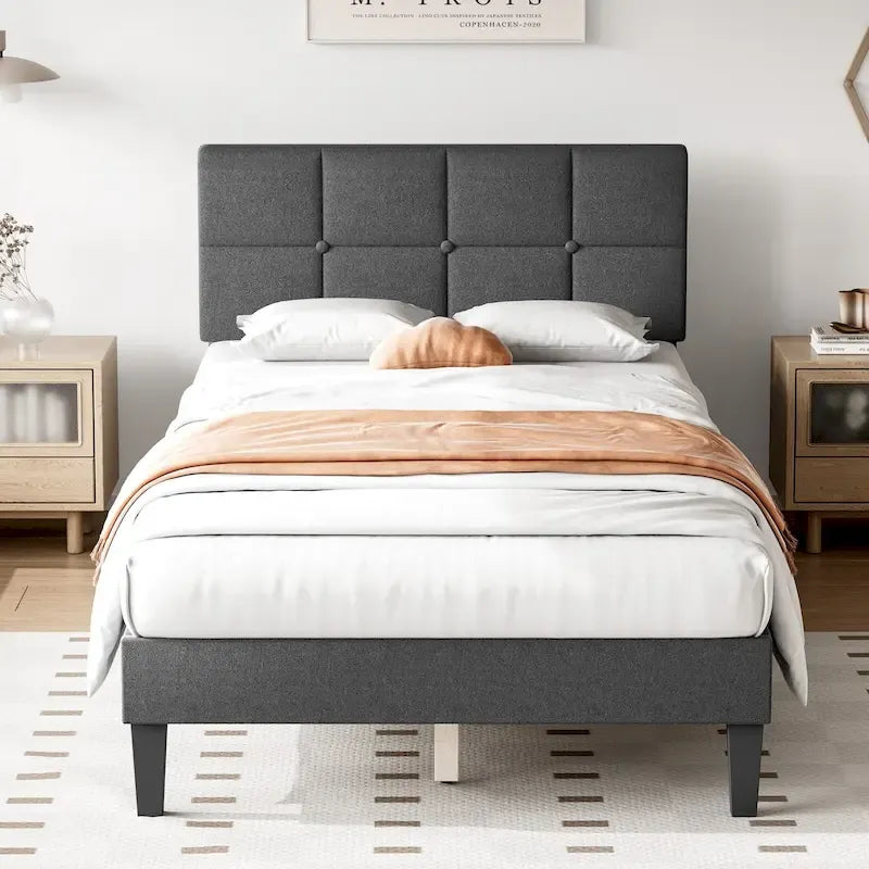Dark Grey Queen Size Linen Upholstered Platform Bed with Adjustable Headboard and Solid Wooden Slats Support