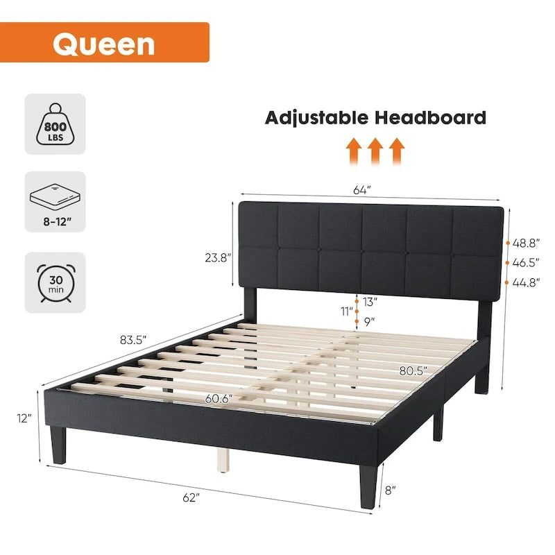 Dark Grey Queen Size Linen Upholstered Platform Bed with Adjustable Headboard and Solid Wooden Slats Support