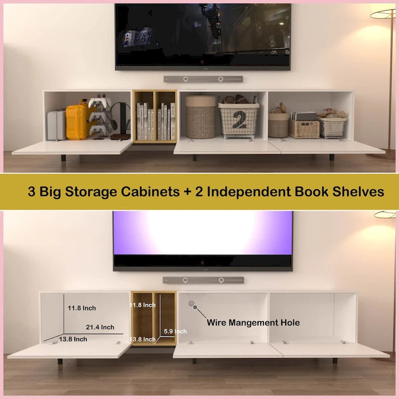 White 77   TV Console with Big Storage & Built-in Socket for TVs Up to 70