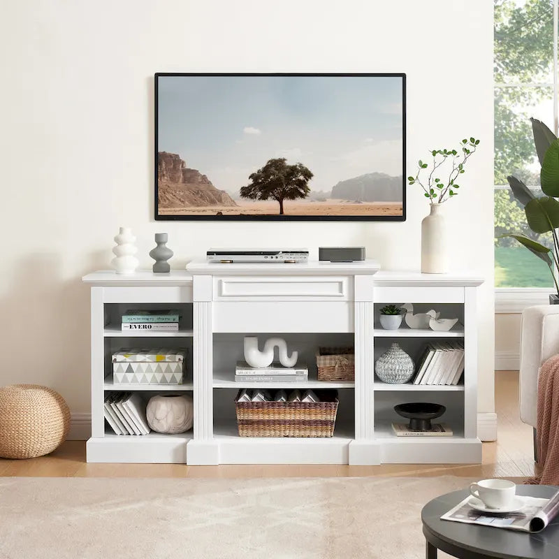 White 66   TV Stand with Large Cabinet & Adjustable Shelves for TVs Up to 65