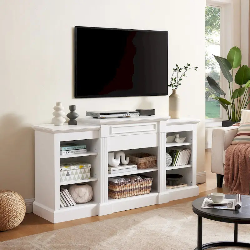 White 66   TV Stand with Large Cabinet & Adjustable Shelves for TVs Up to 65