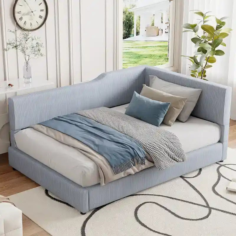 Full Size L-Shaped Daybed with Solid Frame, 500LBS Weight Capacity