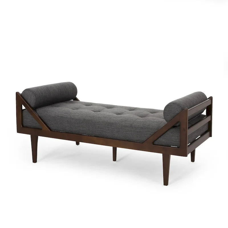 Charcoal Modern 65   Button Tufted Chaise Lounge Chair with Bent Wood Desing and Rolled Accent Pillows