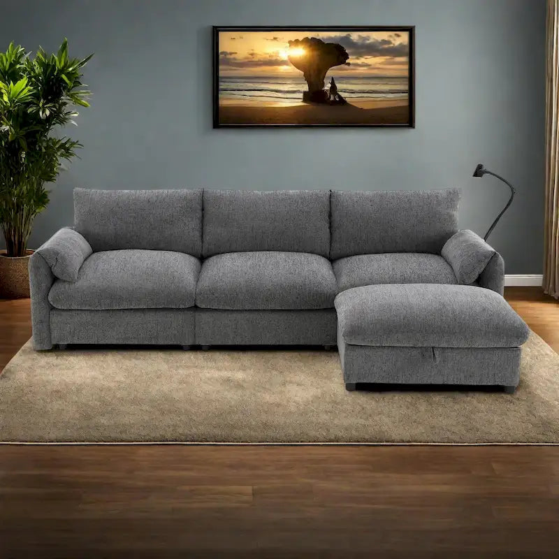 96.5   Chenille L-Shaped Sectional Sofa with Storage Ottoman, Adjustable Phone Holder, USB Charger and Armrest Storage Pockets