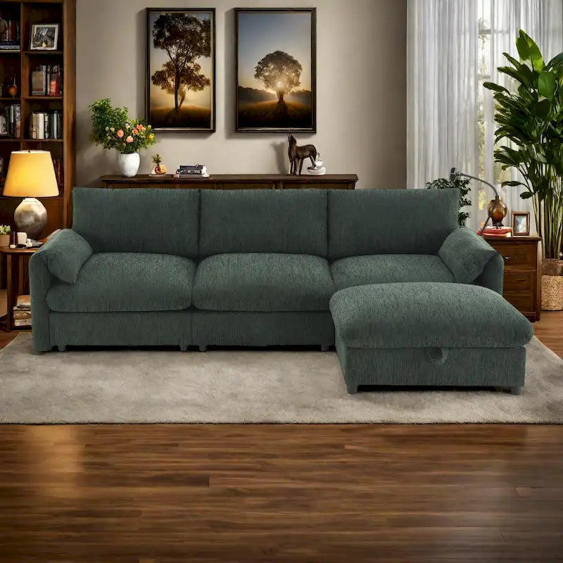 96.5   Chenille L-Shaped Sectional Sofa with Storage Ottoman, Adjustable Phone Holder, USB Charger and Armrest Storage Pockets