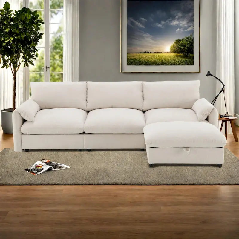 96.5   Chenille L-Shaped Sectional Sofa with Storage Ottoman, Adjustable Phone Holder, USB Charger and Armrest Storage Pockets