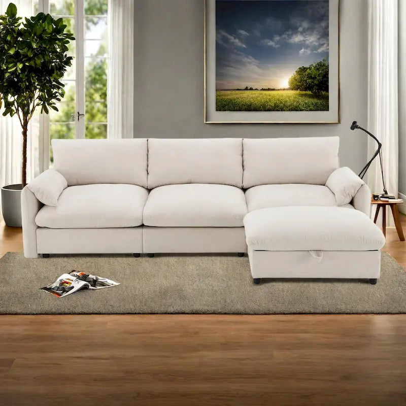 96.5   Chenille L-Shaped Sectional Sofa with Storage Ottoman, Adjustable Phone Holder, USB Charger and Armrest Storage Pockets