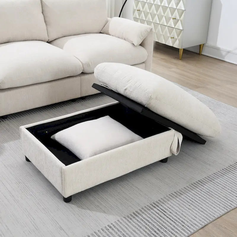 96.5   Chenille L-Shaped Sectional Sofa with Storage Ottoman, Adjustable Phone Holder, USB Charger and Armrest Storage Pockets