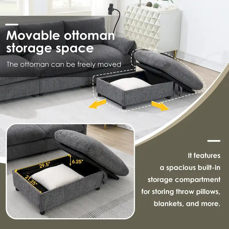 96.5   Chenille L-Shaped Sectional Sofa with Storage Ottoman, Adjustable Phone Holder, USB Charger and Armrest Storage Pockets