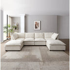 Beige 130   U-Shaped Customizable 6-Seat Modular Sectional Sofa with Convertible Ottoman and Versatile Assembly Options