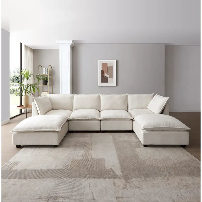 Beige 130   U-Shaped Customizable 6-Seat Modular Sectional Sofa with Convertible Ottoman and Versatile Assembly Options