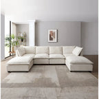 Beige 130   U-Shaped Customizable 6-Seat Modular Sectional Sofa with Convertible Ottoman and Versatile Assembly Options