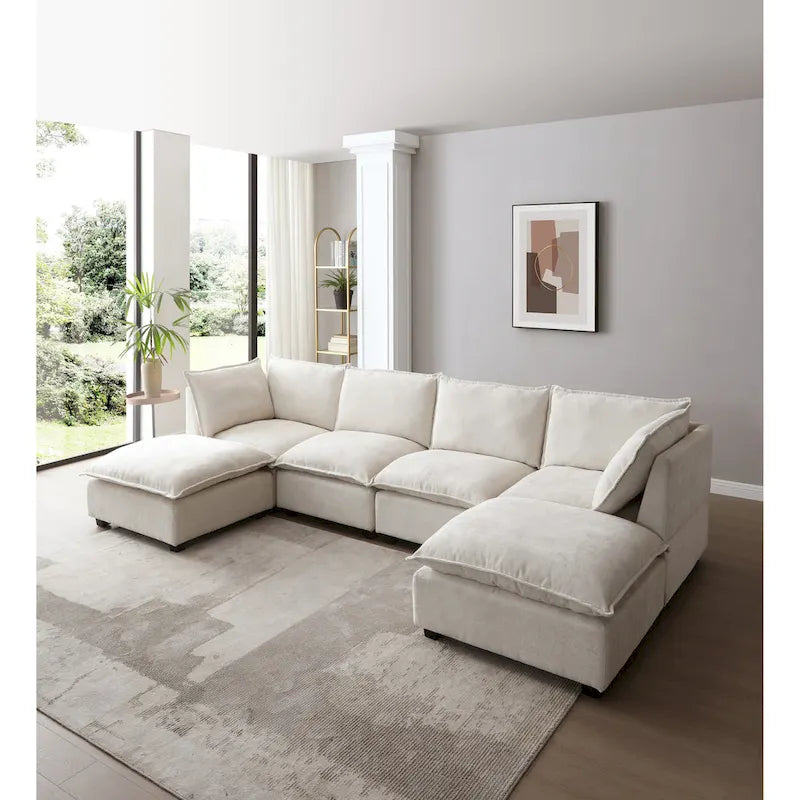 Beige 130   U-Shaped Customizable 6-Seat Modular Sectional Sofa with Convertible Ottoman and Versatile Assembly Options