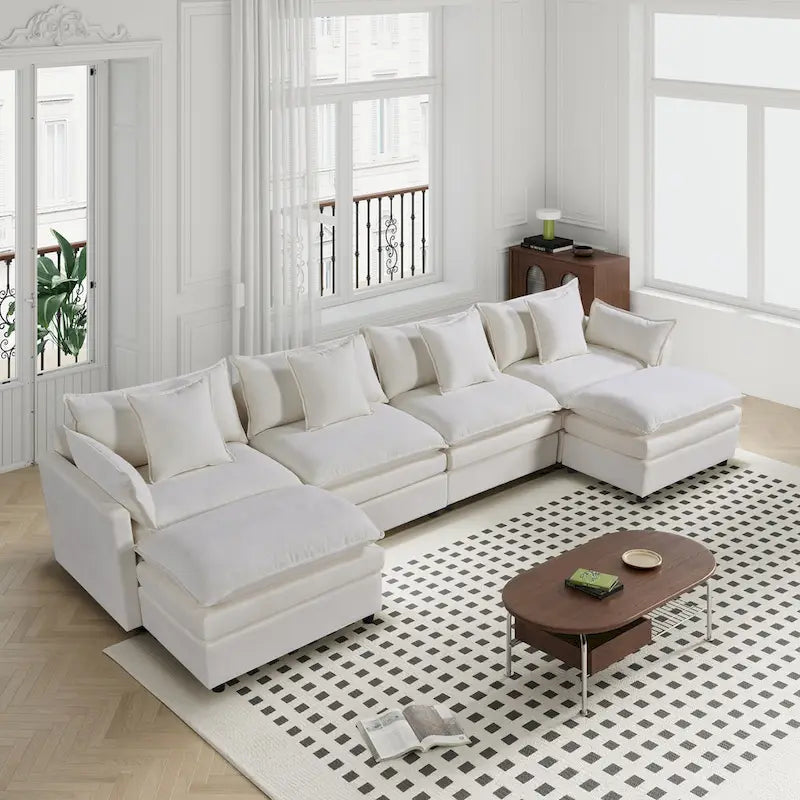White 142.52   U-Shaped 6 Seater Sectional Sofa with Convertible Chaise and Ottomans, Spacious Cloud Couch