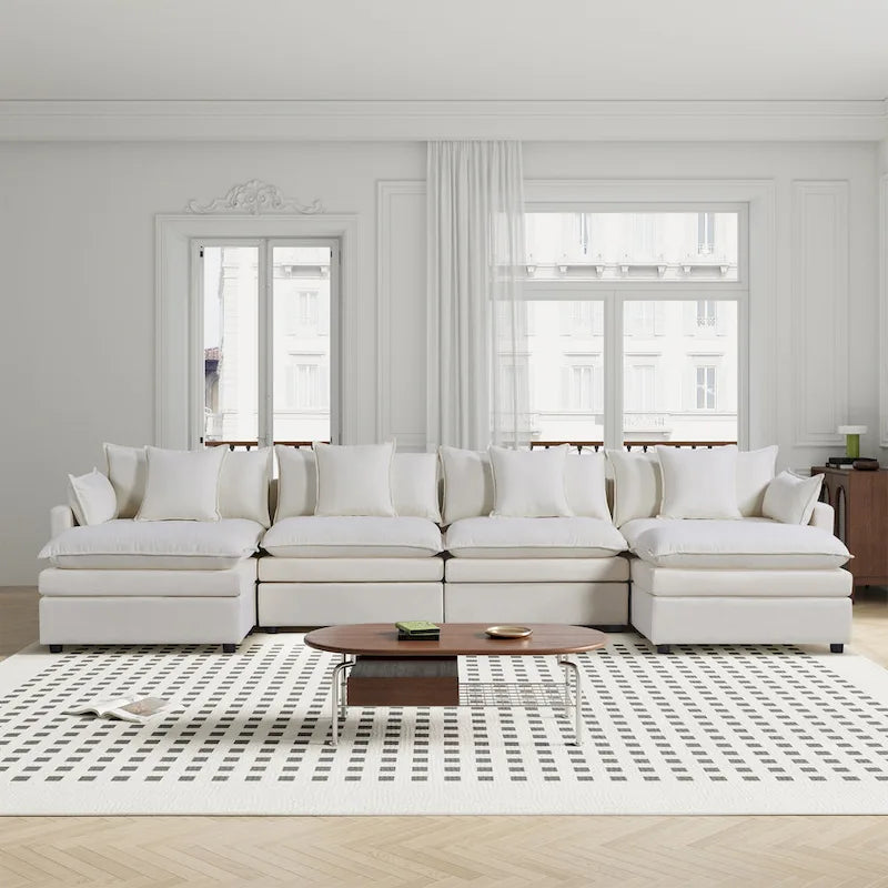White 142.52   U-Shaped 6 Seater Sectional Sofa with Convertible Chaise and Ottomans, Spacious Cloud Couch