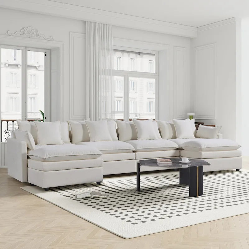 White 142.52   U-Shaped 6 Seater Sectional Sofa with Convertible Chaise and Ottomans, Spacious Cloud Couch