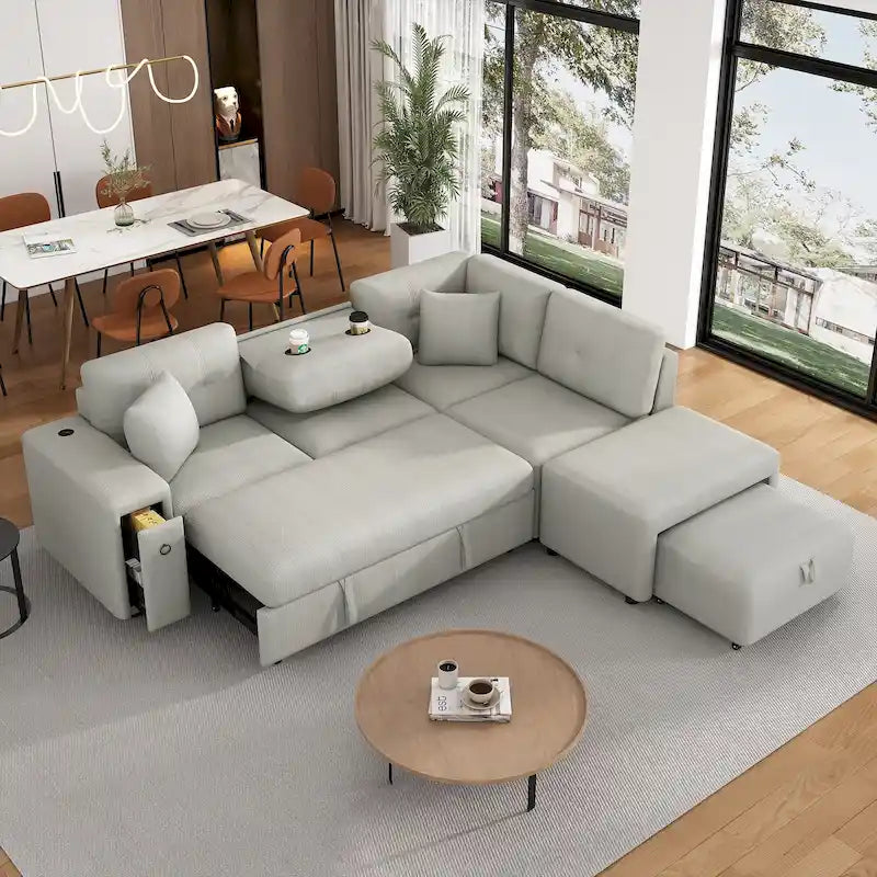 86.6   L-Shaped 4 Seater Sectional Sofa with Pull-Out Bed, Movable Ottoman, USB Ports, and Cup Holder Drop-Down Table