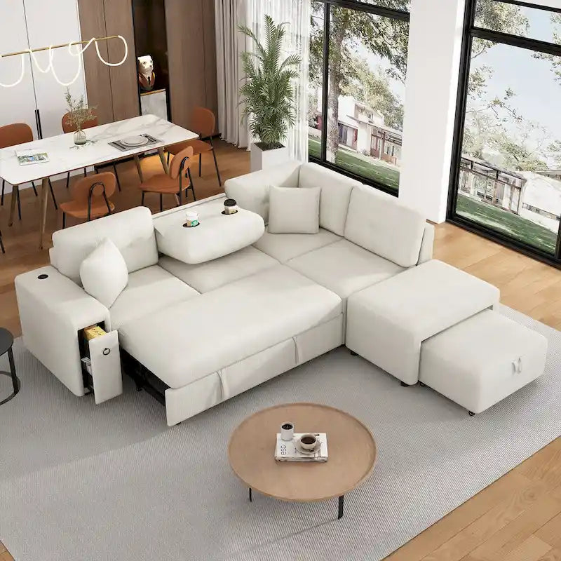 86.6   L-Shaped 4 Seater Sectional Sofa with Pull-Out Bed, Movable Ottoman, USB Ports, and Cup Holder Drop-Down Table