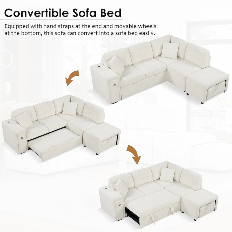 86.6   L-Shaped 4 Seater Sectional Sofa with Pull-Out Bed, Movable Ottoman, USB Ports, and Cup Holder Drop-Down Table