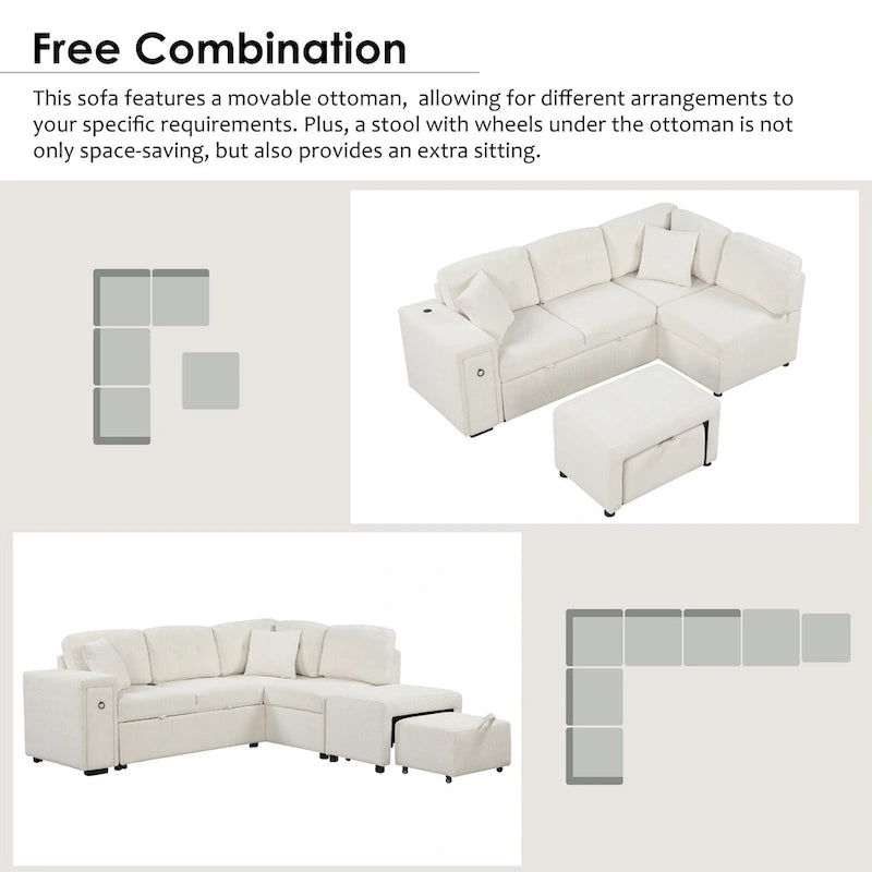 86.6   L-Shaped 4 Seater Sectional Sofa with Pull-Out Bed, Movable Ottoman, USB Ports, and Cup Holder Drop-Down Table