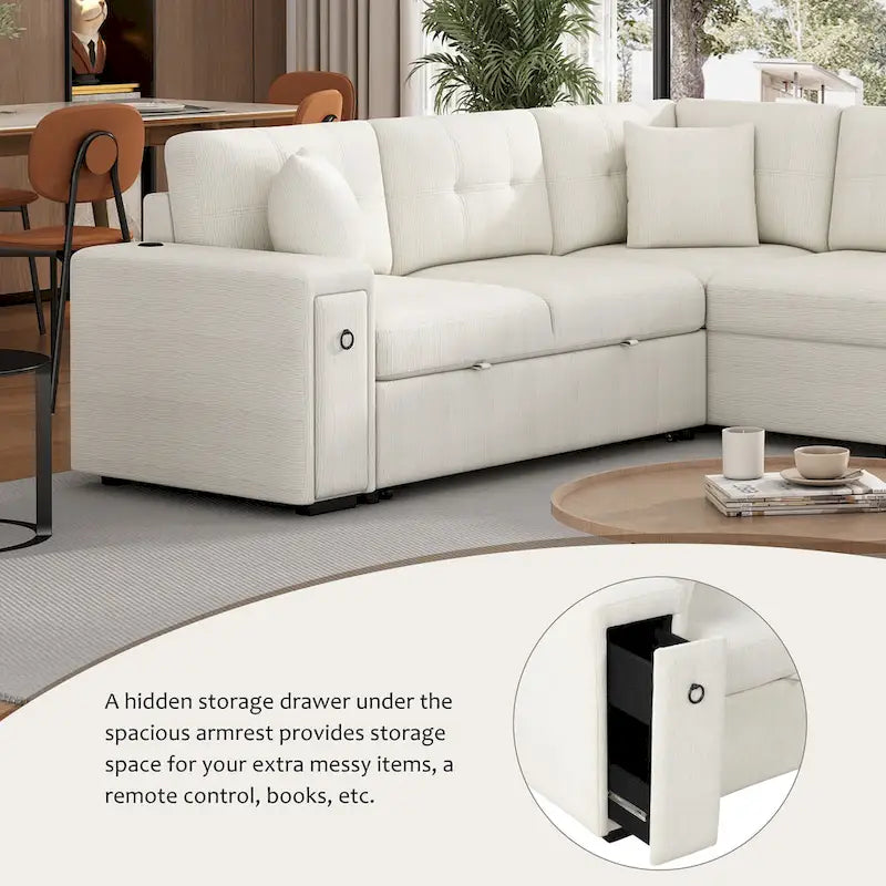 86.6   L-Shaped 4 Seater Sectional Sofa with Pull-Out Bed, Movable Ottoman, USB Ports, and Cup Holder Drop-Down Table