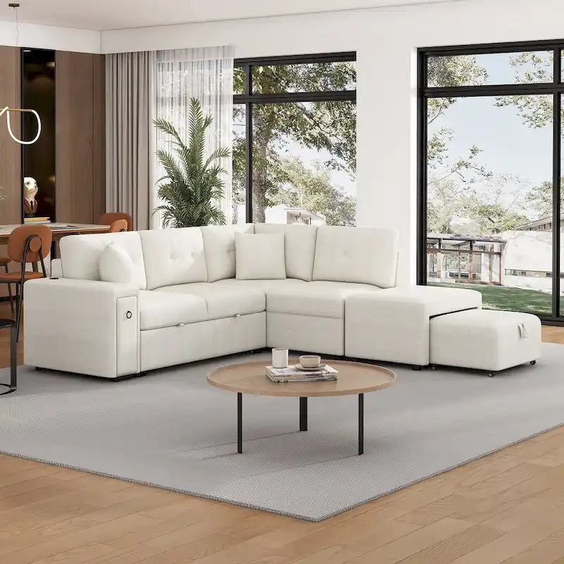 86.6   L-Shaped 4 Seater Sectional Sofa with Pull-Out Bed, Movable Ottoman, USB Ports, and Cup Holder Drop-Down Table