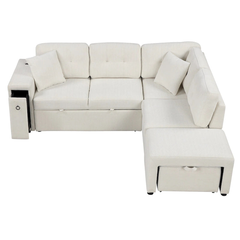 86.6   L-Shaped 4 Seater Sectional Sofa with Pull-Out Bed, Movable Ottoman, USB Ports, and Cup Holder Drop-Down Table