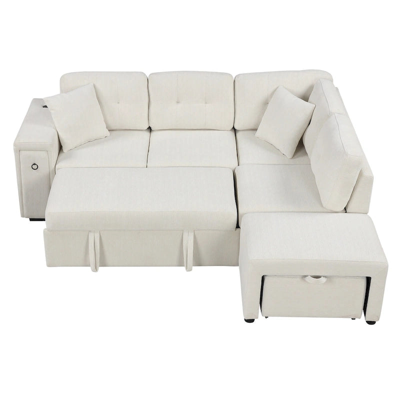 86.6   L-Shaped 4 Seater Sectional Sofa with Pull-Out Bed, Movable Ottoman, USB Ports, and Cup Holder Drop-Down Table