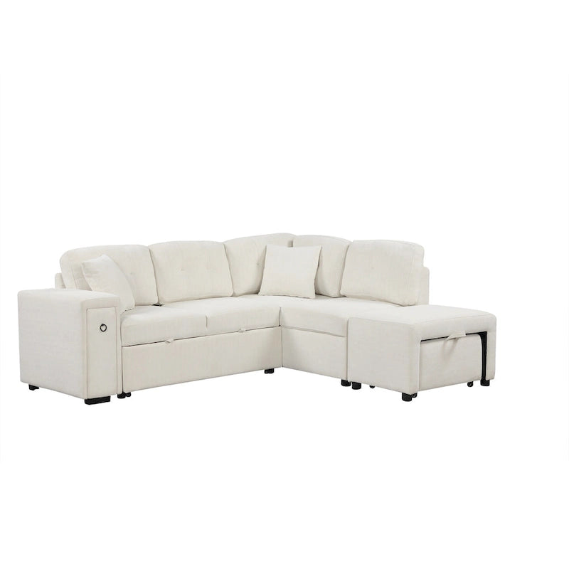 86.6   L-Shaped 4 Seater Sectional Sofa with Pull-Out Bed, Movable Ottoman, USB Ports, and Cup Holder Drop-Down Table
