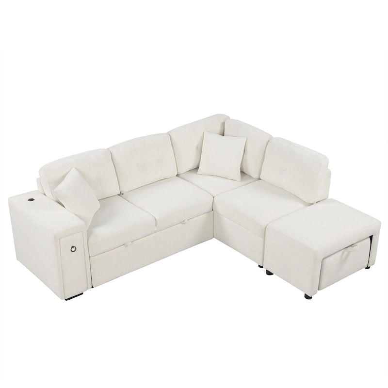 86.6   L-Shaped 4 Seater Sectional Sofa with Pull-Out Bed, Movable Ottoman, USB Ports, and Cup Holder Drop-Down Table