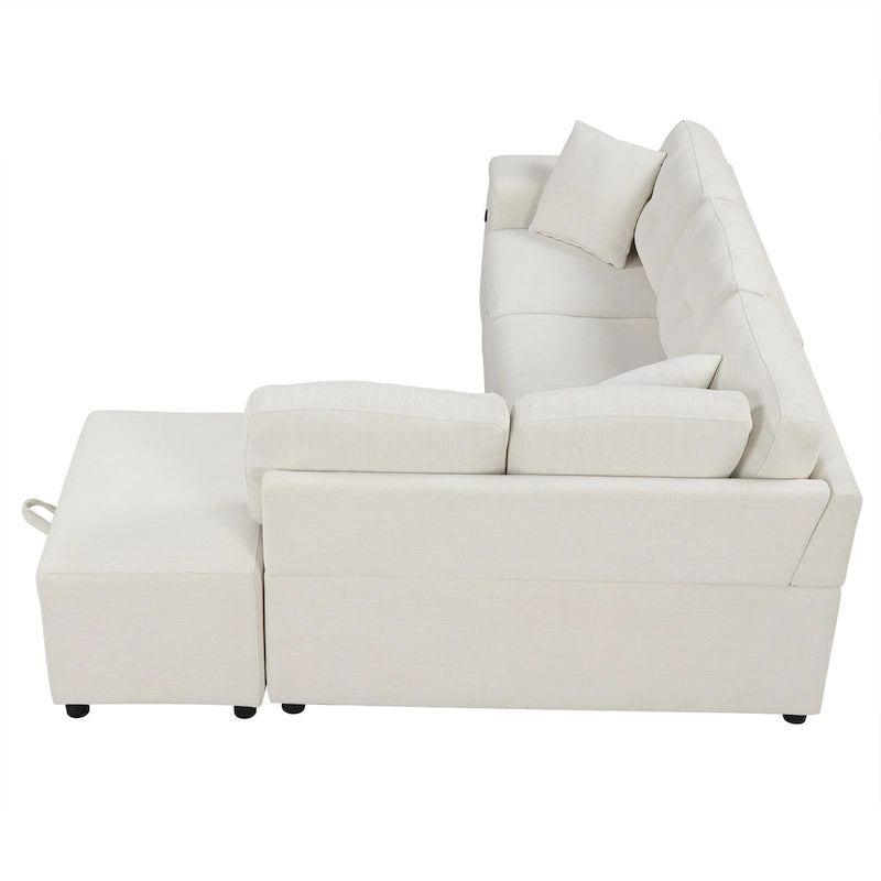86.6   L-Shaped 4 Seater Sectional Sofa with Pull-Out Bed, Movable Ottoman, USB Ports, and Cup Holder Drop-Down Table