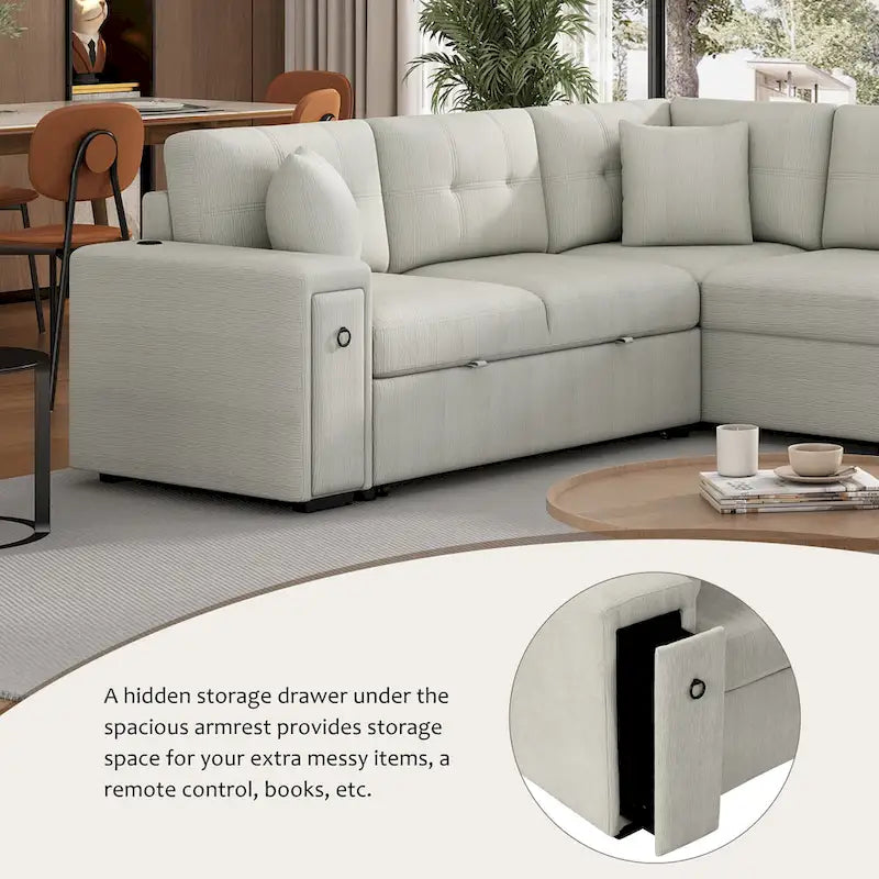 86.6   L-Shaped 4 Seater Sectional Sofa with Pull-Out Bed, Movable Ottoman, USB Ports, and Cup Holder Drop-Down Table