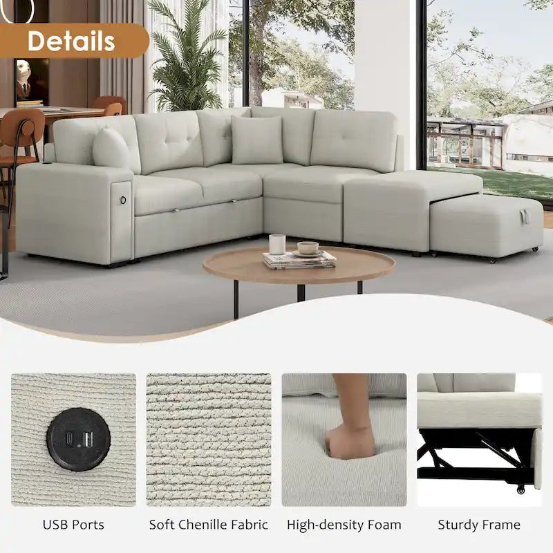 86.6   L-Shaped 4 Seater Sectional Sofa with Pull-Out Bed, Movable Ottoman, USB Ports, and Cup Holder Drop-Down Table
