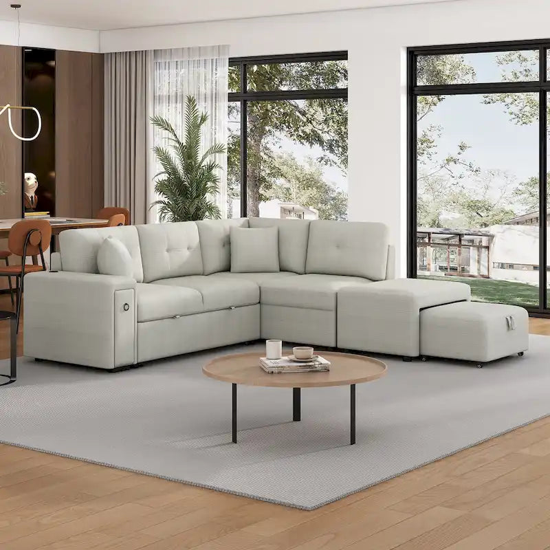 86.6   L-Shaped 4 Seater Sectional Sofa with Pull-Out Bed, Movable Ottoman, USB Ports, and Cup Holder Drop-Down Table