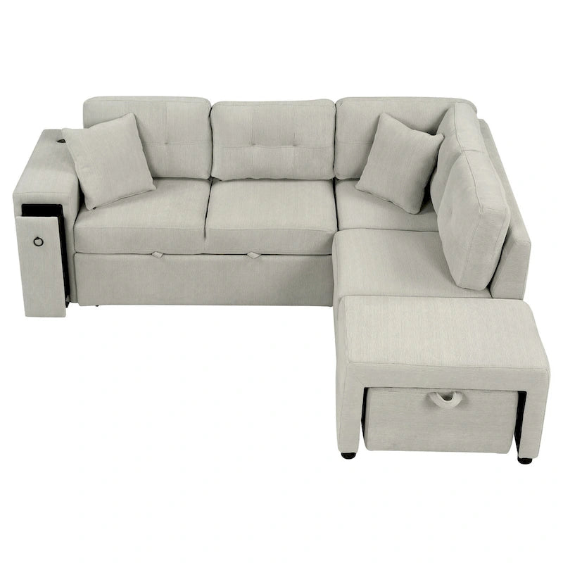 86.6   L-Shaped 4 Seater Sectional Sofa with Pull-Out Bed, Movable Ottoman, USB Ports, and Cup Holder Drop-Down Table
