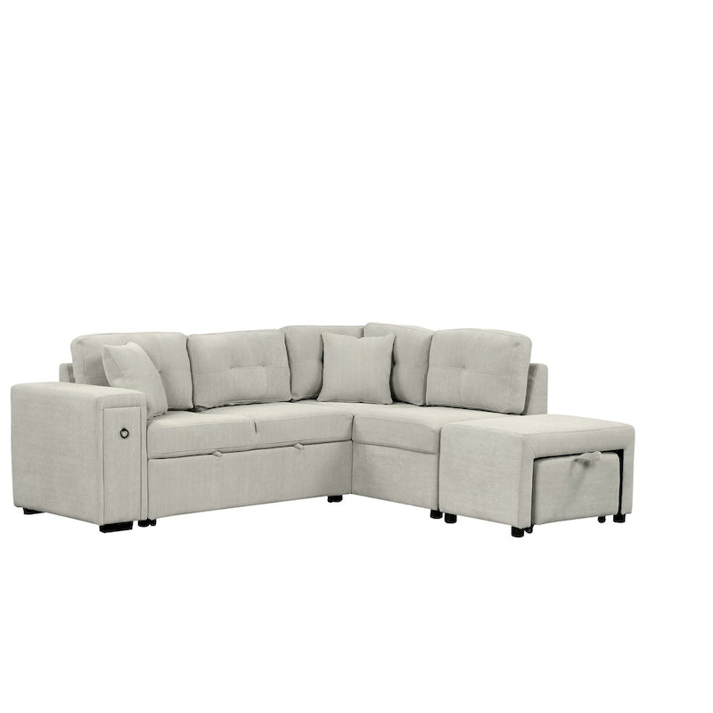 86.6   L-Shaped 4 Seater Sectional Sofa with Pull-Out Bed, Movable Ottoman, USB Ports, and Cup Holder Drop-Down Table