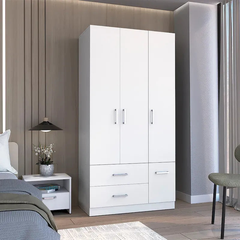 35.4   Modern Four-door Armoire with 2 Drawers, Six Shelves and Hanging Rod