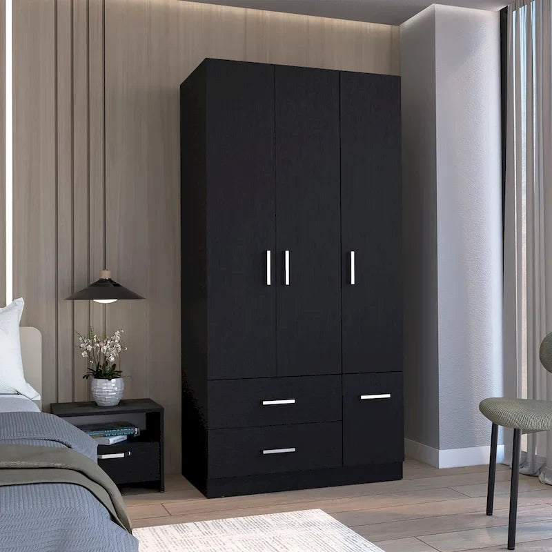 35.4   Modern Four-door Armoire with 2 Drawers, Six Shelves and Hanging Rod