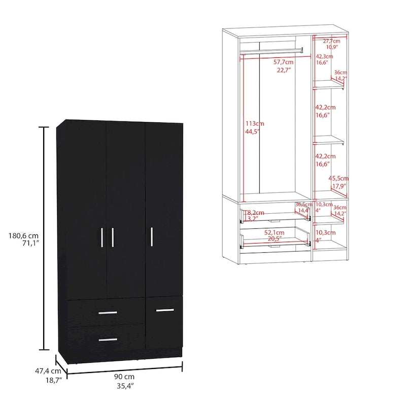 35.4   Modern Four-door Armoire with 2 Drawers, Six Shelves and Hanging Rod