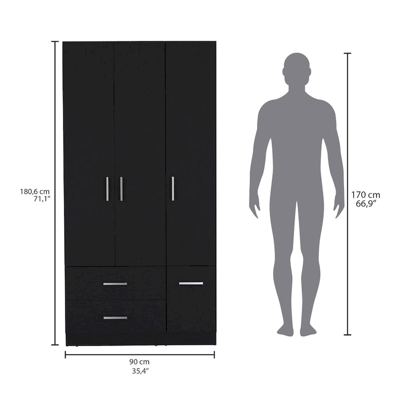 35.4   Modern Four-door Armoire with 2 Drawers, Six Shelves and Hanging Rod