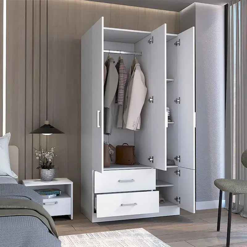 35.4   Modern Four-door Armoire with 2 Drawers, Six Shelves and Hanging Rod