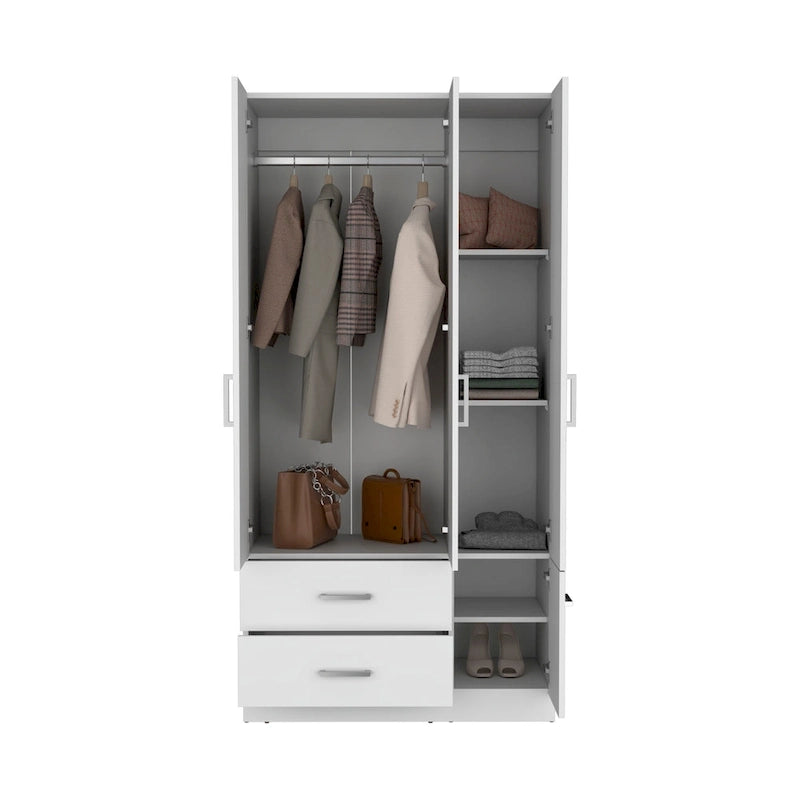 35.4   Modern Four-door Armoire with 2 Drawers, Six Shelves and Hanging Rod