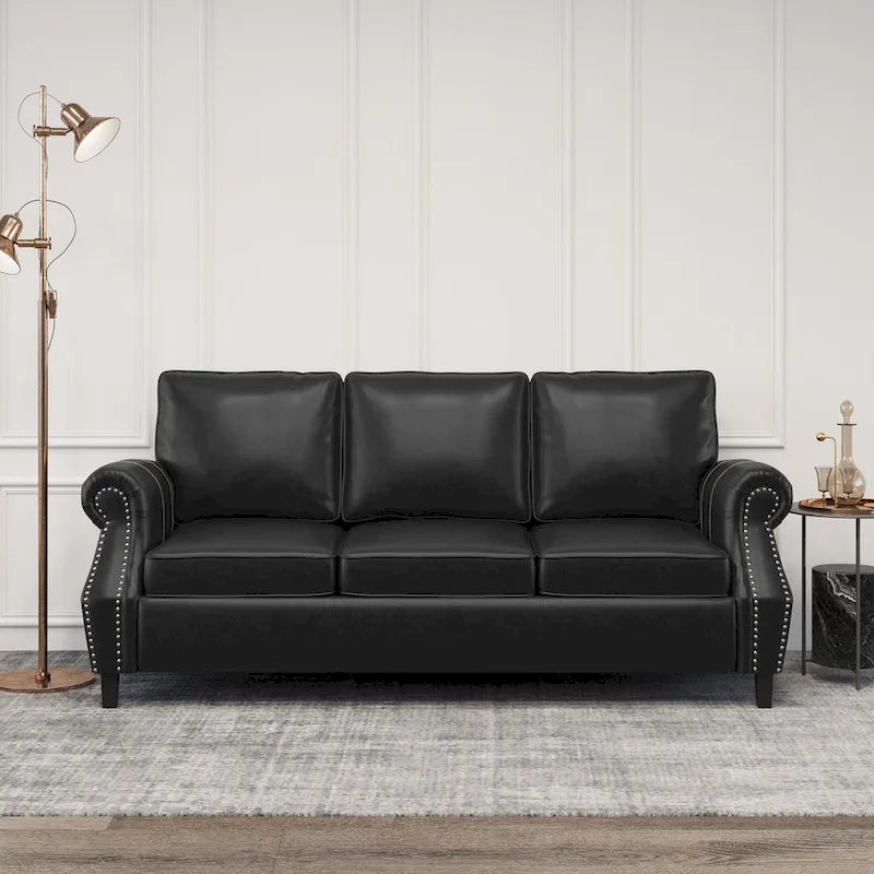Black Modern 80   Faux Leather 3-seater Sofa with Birch Wood Legs and Nailheads for Living Room