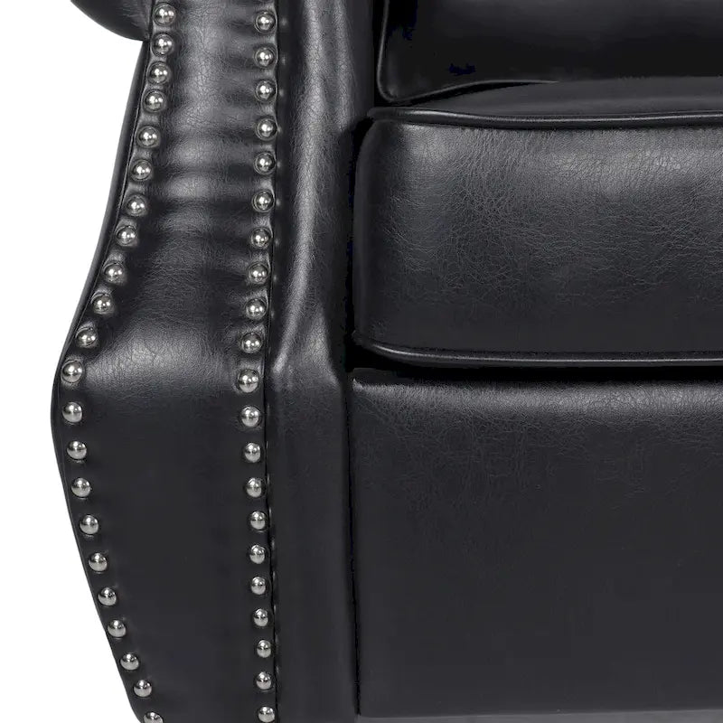 Black Modern 80   Faux Leather 3-seater Sofa with Birch Wood Legs and Nailheads for Living Room